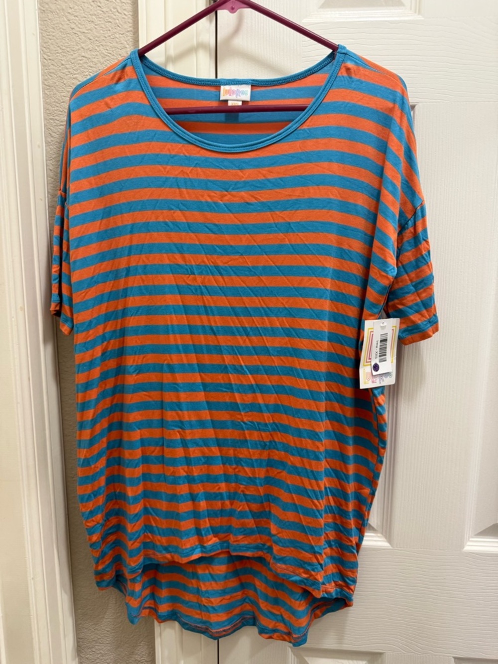 LuLaRoe Teal & Orange Striped Short Sleeve Irma Tunic